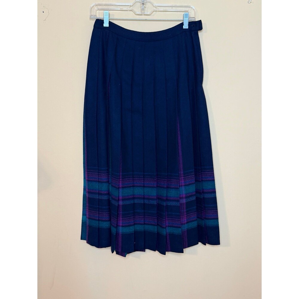Vintage Pendleton Women's Virgin Wool Midi Skirt Pleated Tartan Plaid 10 blue